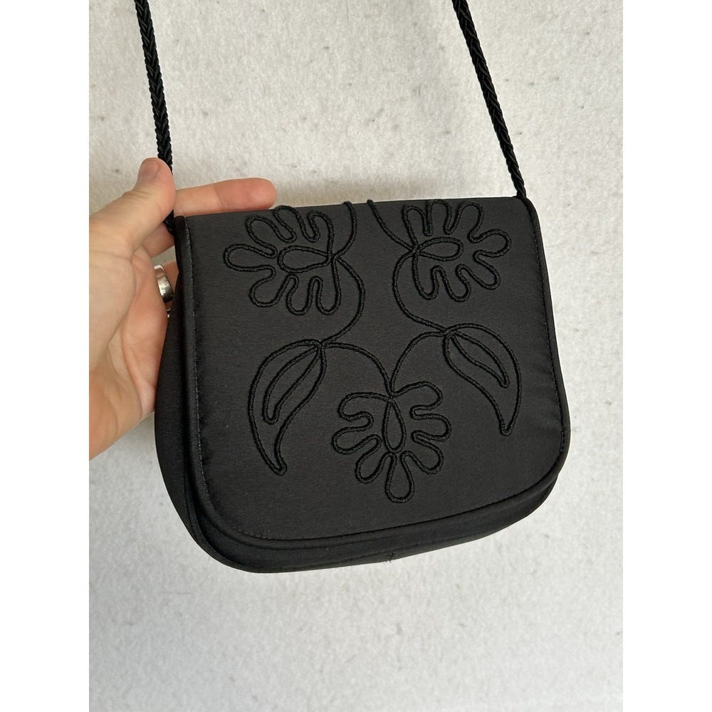 Givenchy Paris Black Satin & Leather Embroidered Crossbody Evening Bag Purse VTG - Picture 10 of 11